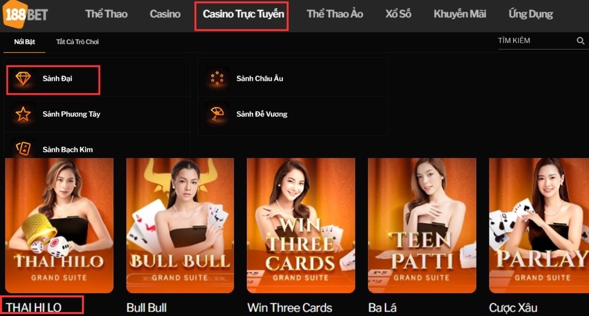 lựa chọn sảnh chơi thai hilo 188bet